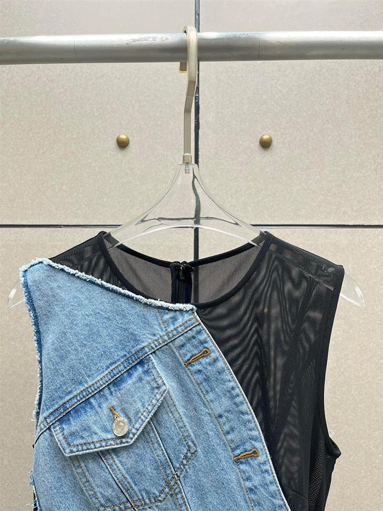 Colorblock Patchwork Denim Designer Dresses For Women Round Neck Sleeveless High Waist Spliced Pockets Dress Female