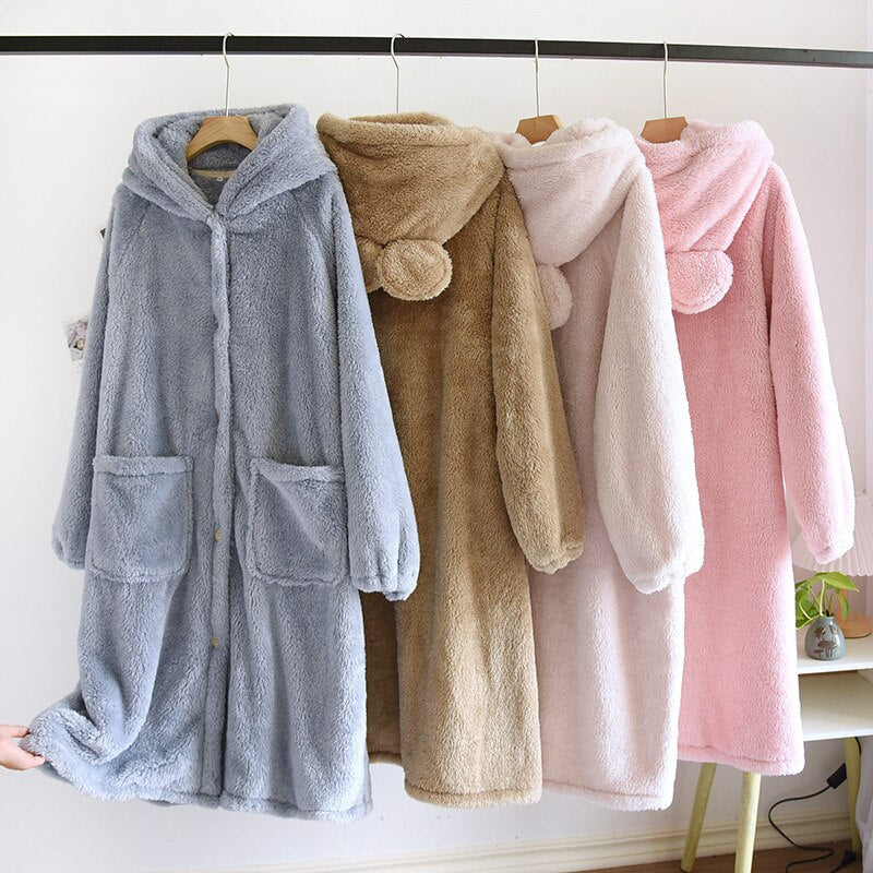 Women's Pajamas Robe Warm Thick Flannel Solid Sleepwear Casual Homewear Cute Hoodie Top Nightwear Femme New for Winter