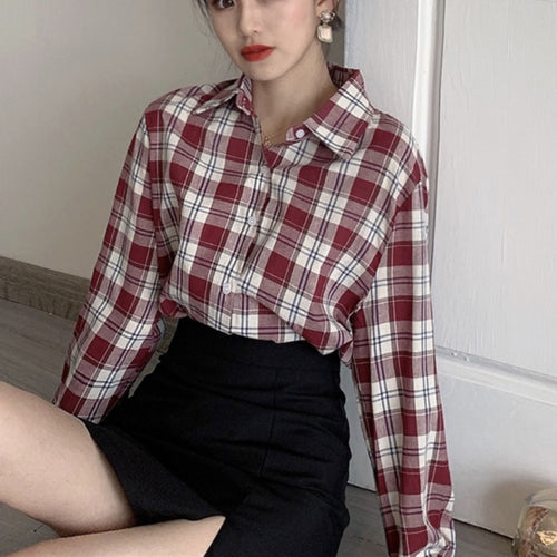 Load image into Gallery viewer, Fashion Plaid Women Shirt Elegant Spring New 2022 Button Up Office Ladies Top Red Long Sleeve Korean All Match Female Shirt
