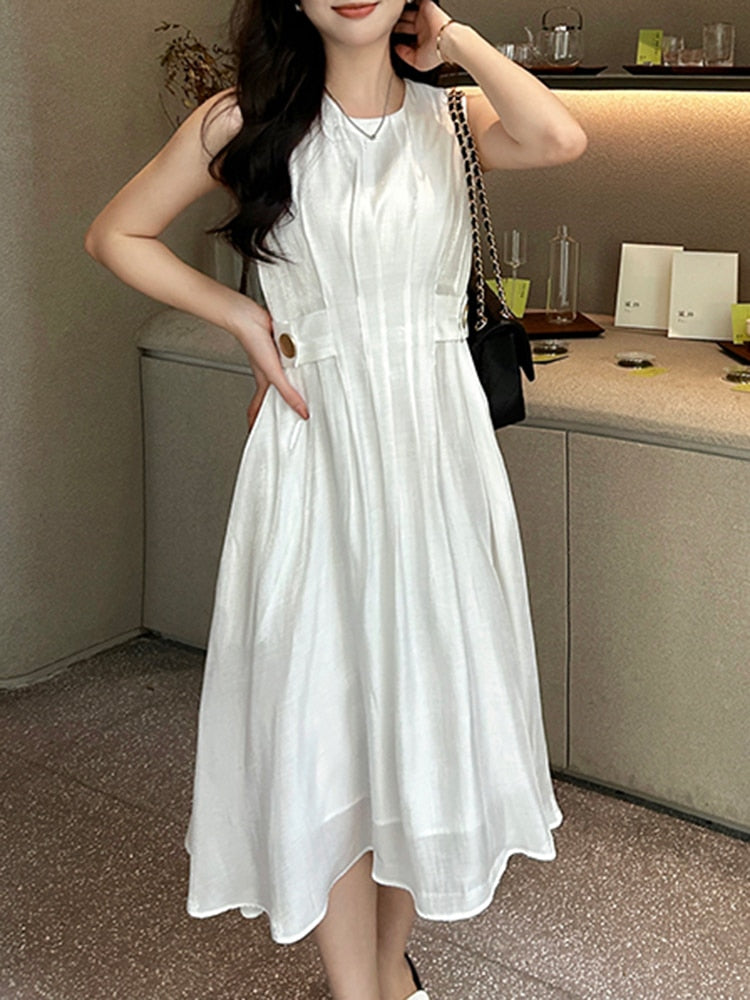 Tunic Dresses For Women Round Neck Sleeveless High Waist Off Shoulder Folds Dress Female Fashion Style Clothing