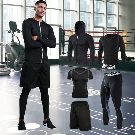Mens Compression Sportswear Set Gym Running Sport Clothes Tight T-shirt Lycra Leggings Athletics Shorts Fitness Rash Guard Kits v1
