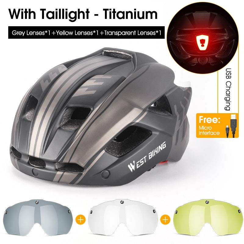 Cycling Helmet With Taillight Goggles Sun Visor Lens Men Women Safety EPS MTB Road Bike Motorcycle Bicycle Helmet