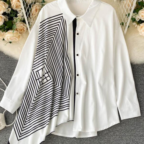 Load image into Gallery viewer, Oversize Women Shirts Fashion Patchwork Irregular White Loose Ladies Button Up Shirt Casual Long Sleeve Fall Female Top
