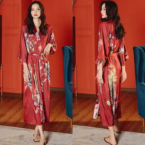 Load image into Gallery viewer, High Quality Women&#39;s Pajamas Long Robe Floral Sleepwear Silk Like Sexy Bathrobe Homewear Luxury Nightwear peignoir femme
