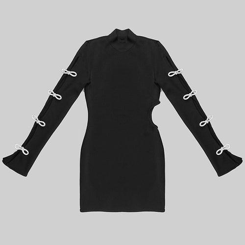 Load image into Gallery viewer, Slim Solid Dresses For Women Stand Collar Long Sleeve High Waist Spliced Diamonds Mini Dress Female Fashion
