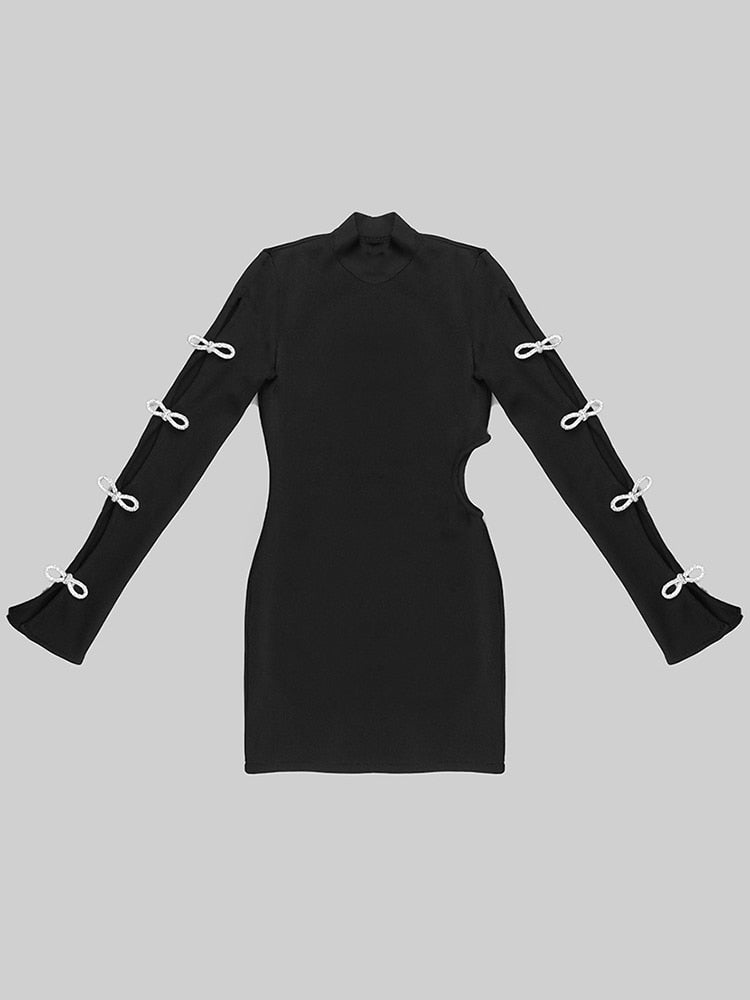 Slim Solid Dresses For Women Stand Collar Long Sleeve High Waist Spliced Diamonds Mini Dress Female Fashion