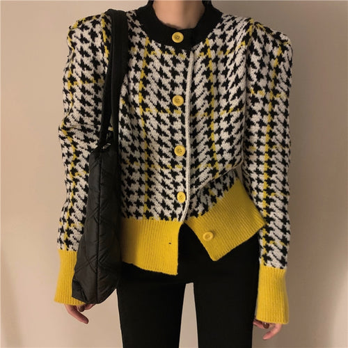 Load image into Gallery viewer, Houndstooth Women Cardigan Sweater Fashion Plaid Loose Korean Single Breasted Patchwork Office Ladies Knitted Coat 2022 New
