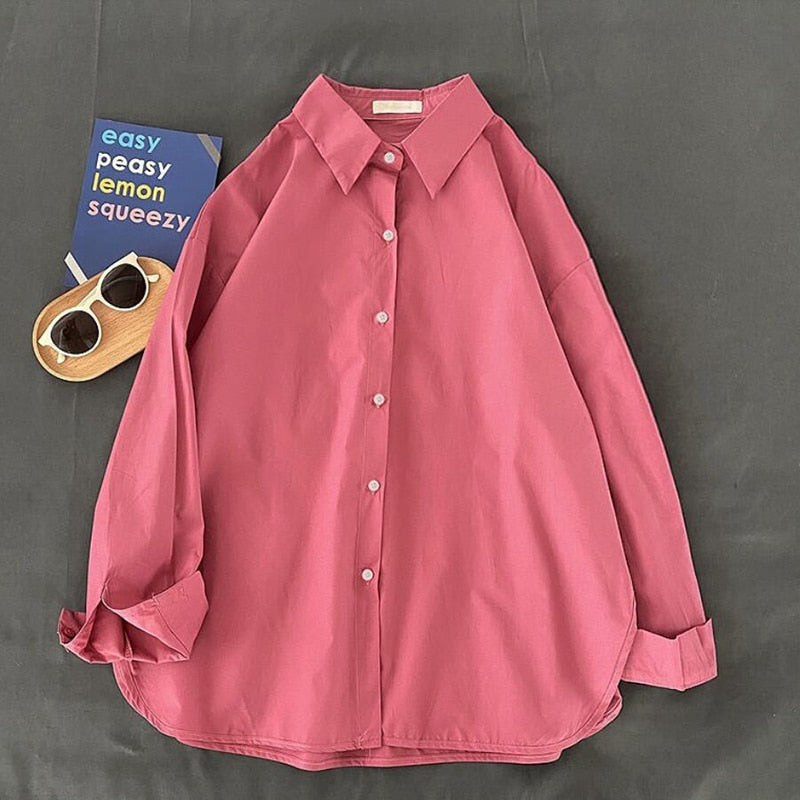 Loose High Street Women Shirts Vintage Long Sleeve Button Up Spring Ladies Tops Oversize Fall Solid Korean Female Shirt