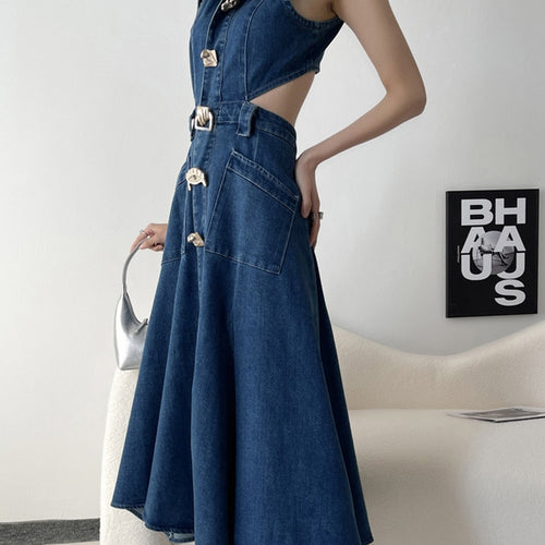 Load image into Gallery viewer, Hollow Out Denim Dress For Women Lapel Sleeveless High Waist Spliced Pockets Casual Dresses Female Clothes Fashion
