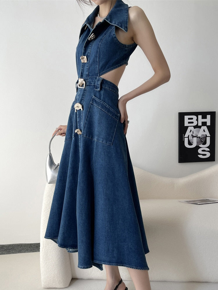 Hollow Out Denim Dress For Women Lapel Sleeveless High Waist Spliced Pockets Casual Dresses Female Clothes Fashion