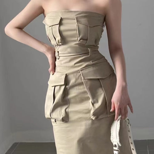 Load image into Gallery viewer, Patchwork Pockets Dresses For Women Strapless Sleeveless High Waist Solid Casual A Line Dress Female Fashion
