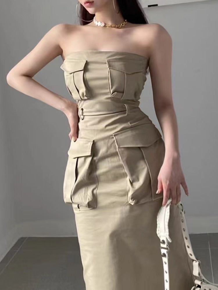 Patchwork Pockets Dresses For Women Strapless Sleeveless High Waist Solid Casual A Line Dress Female Fashion