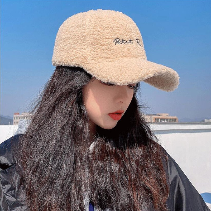 Lamb Wool Baseball Cap Letter Embroidery Women Sun Hat Lady Girls Outdoor Warm Winter Spring Plush Caps