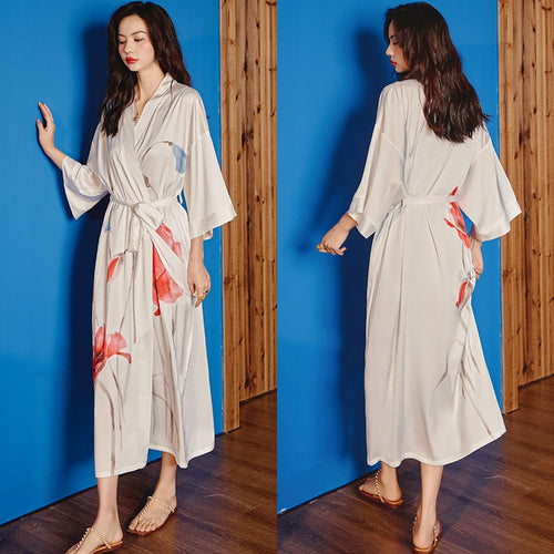 Load image into Gallery viewer, High Quality Women&#39;s Pajamas Long Robe Floral Sleepwear Silk Like Sexy Bathrobe Homewear Luxury Nightwear peignoir femme
