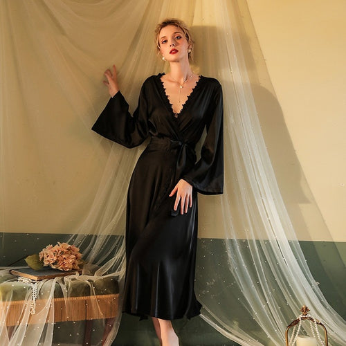 Load image into Gallery viewer, Women&#39;s Pajamas Long Robe Set Lace Homewear Faux Silk Sleepwear Smooth Backless Bathrobe Sling Dress Nightwear Femme
