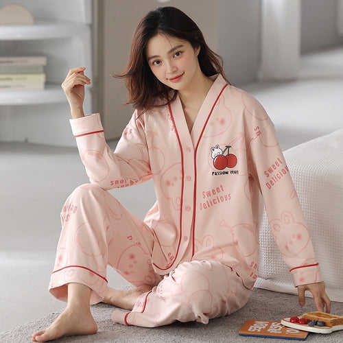 Load image into Gallery viewer, Women&#39;s Pajamas Set Cotton Cute Cartoon Print Sleepwear V Neck Homewear Casual Nightwear Femme Nightie for Girl
