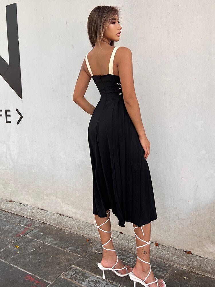 Black Patchwork Shoulder Belt Dresses For Women Square Collar Sleeveless High Waist Sexy Dress Female Summer