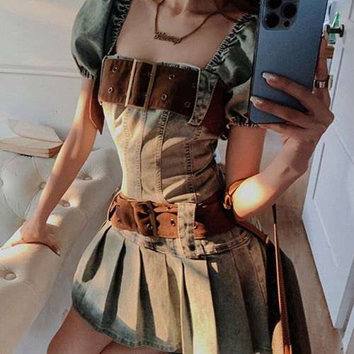 Load image into Gallery viewer, Pleated Spliced Belt Dresses For Women Square Collar Puff Sleeve High Waist Mini Summer Dress Female Fashion
