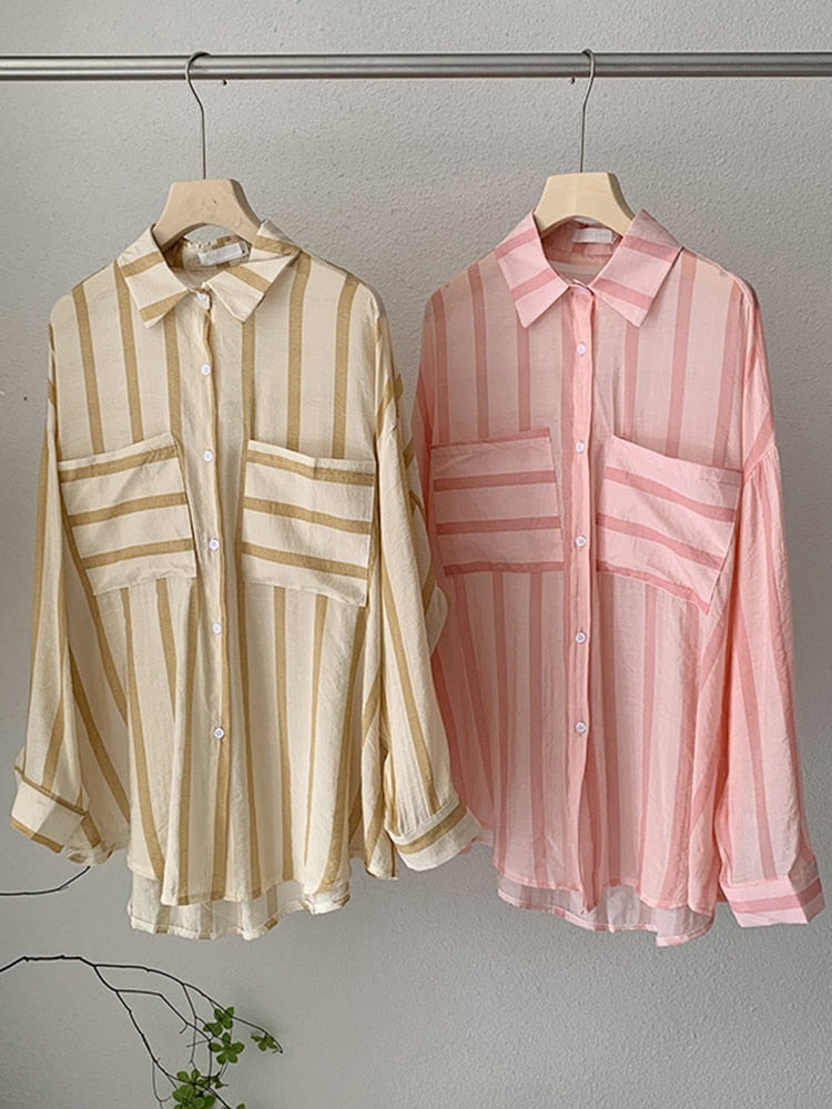 Fashion Striped Women Shirts Loose Korean Long Sleeve Preppy Style Ladies Shirts Casual Pockets Summer Thin Ladies Shirts