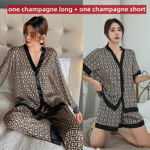 Load image into Gallery viewer, Women&#39;s Pajamas Sets 2 SETS Summer Luxury Cross Letter Print 2 IN 1 Sleepwear Silk Like Home Clothes XXL Size Nightwear
