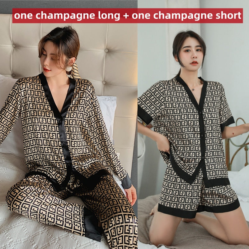 Women's Pajamas Sets 2 SETS Summer Luxury Cross Letter Print 2 IN 1 Sleepwear Silk Like Home Clothes XXL Size Nightwear