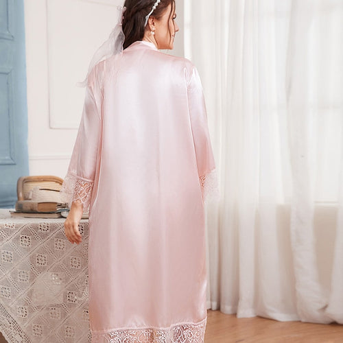 Load image into Gallery viewer, Plus Size Women&#39;s Pajamas Robe V Neck Silk Like Nightrobe Sexy Pink Lace Long Bathrobe Simple Elegant Sleepwear 4XL 5XL
