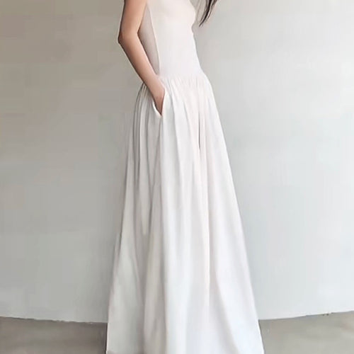 Load image into Gallery viewer, Summer Slim Dress For Women Round Neck Sleeveless High Waist Spliced Pockets Long Dresses Female Clothing
