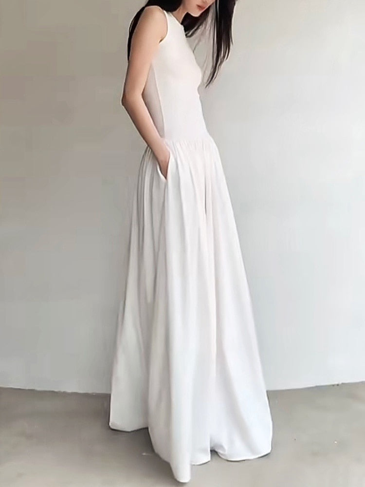 Summer Slim Dress For Women Round Neck Sleeveless High Waist Spliced Pockets Long Dresses Female Clothing