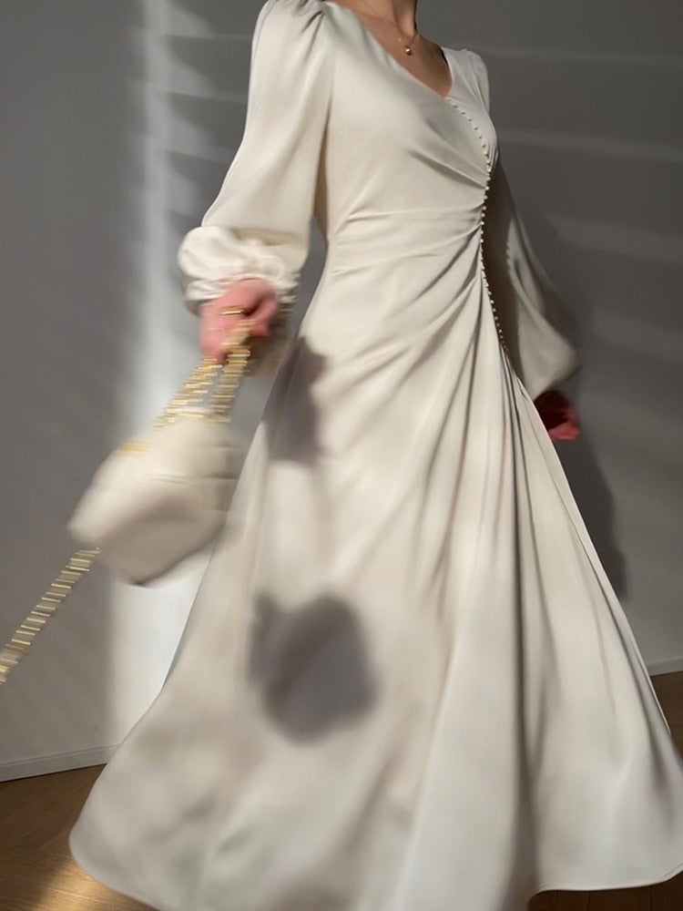 Elegant Dress For Women V Neck Lantern Sleeve High Waist Solid Ruched Minimalist Midi Dresses Female Clothing Style