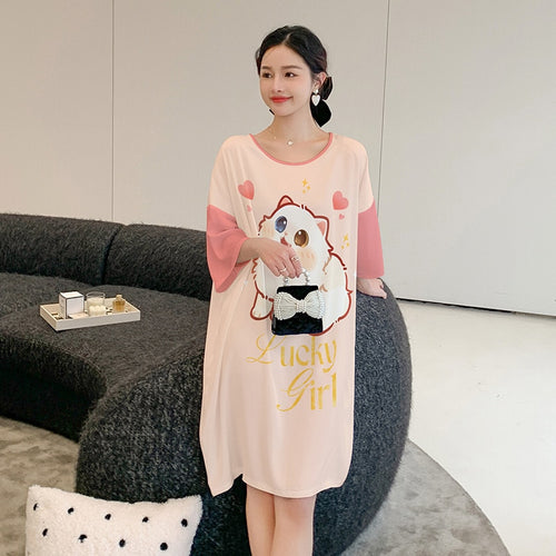 Load image into Gallery viewer, Women&#39;s Pajama Skirt Summer Thin Short Sleeve Medium Length Silk Like Nightwear Cartoon Nightdress Loose Home Clothing
