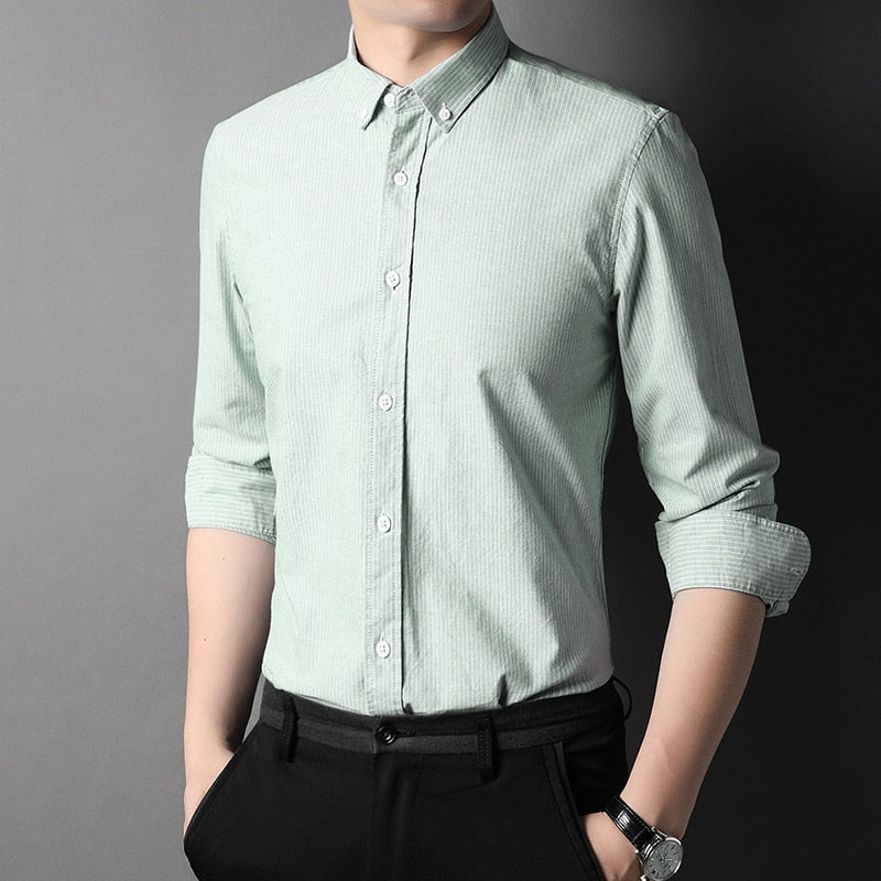 Top Grade 100% Cotton Fashion Brand Designer Slim Fit Button Down Mens Shirts Pinstripe Casual Long Sleeve Men Clothing