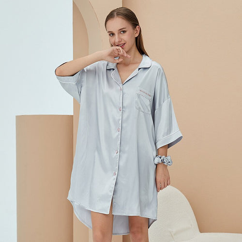 Load image into Gallery viewer, Imitation Silk Pajamas Women&#39;s Summer Short Sleeved V-neck Cardigan Home Clothing Sexy Solid Color Shirts Sleepwear
