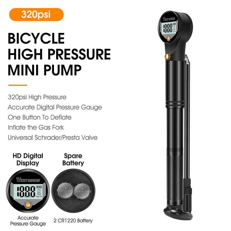 Bike Pump 320psi High Pressure Precise Digital Gauge Hose MTB Road Bicycle Schrader Presta Valve Cycling Tire Pump