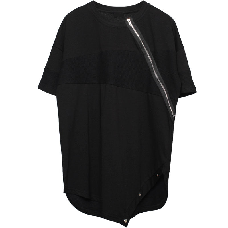 Hip Hop Dark T-Shirt Men Summer Irregular Cutting Zipper Design Streetwear Tshirts Cotton Tops Tees WB614
