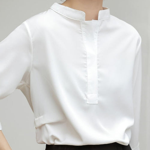 Load image into Gallery viewer, White Women Chiffon Shirts Loose Half Sleeve Korean Office Ladies Summer Blouse Fashion Stand Collar Designed Female Tops
