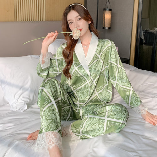 Load image into Gallery viewer, High Quality Women&#39;s Pajamas Set Luxury Rhombus Print Sleepwear Lace Cuffs Casual Homewear V Neck Nightwear Femme Petite
