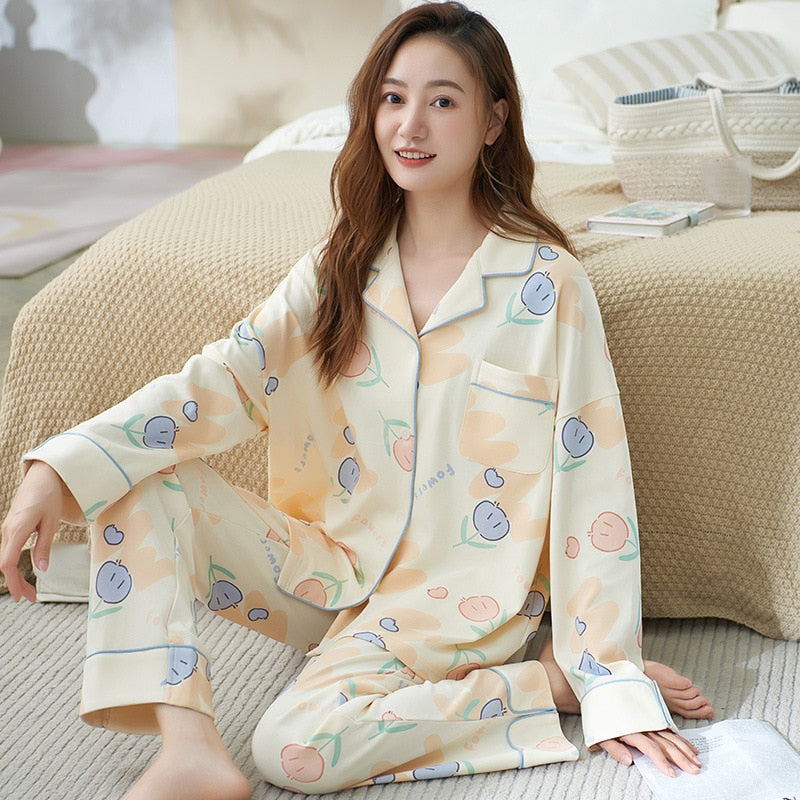 High Quality Women's Pajamas Set Fashion Cartoon Print Leisure Cotton Sleepwear Long Casual Homewear Nightwear Femme 3XL