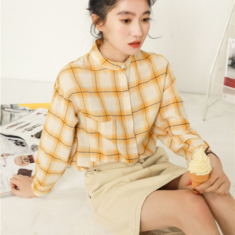 Cotton Women Shirts Preppy Style Yellow Plaid New 2022 Long Sleeve Student Shirt Elegant Designed Spring Fashion Tops