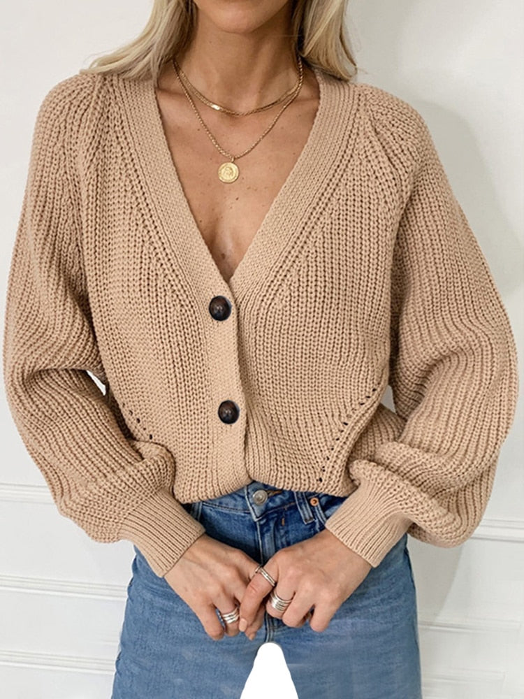 Women Knitted Cardigans Sweater Fashion Autumn Long Sleeve Loose Coat Casual Button Thick V Neck Solid Female Tops