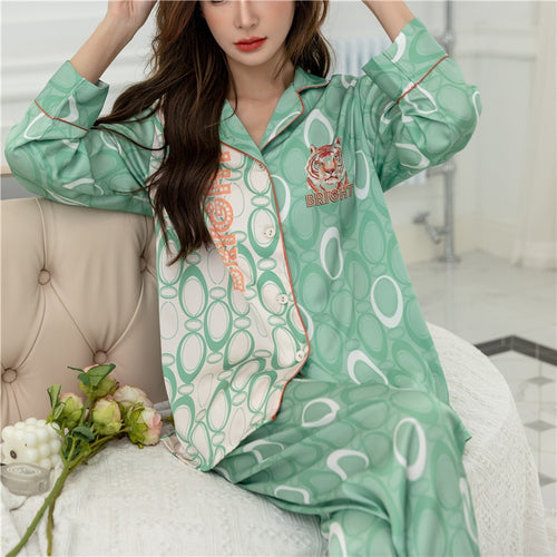 Load image into Gallery viewer, Women&#39;s Imitation Silk Pajamas Spring Autumn Fashion Long Sleeve Lapel Pants Cardigan Set Girls Large Home Clothing
