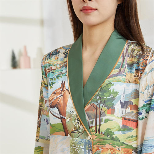 Load image into Gallery viewer, Spring Summer Women&#39;s Imitation Silk Luxury Pajamas Satin Long Sleeve Comfortable Cardigan Fashion Printed Home Clothes
