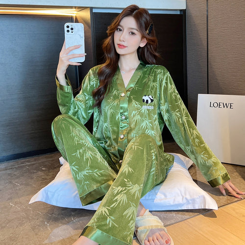 Load image into Gallery viewer, Women&#39;s Pajamas Set Velvet Panda and Bamboo Pattern Sleepwear Casual Homewear V Neck Nightwear Pyjama Femme Petite
