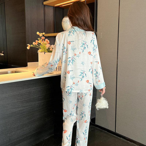 Load image into Gallery viewer, Women&#39;s Pajamas Set Fashion Colorful Leaves Print Leisure Sleepwear Silk Like Long Homewear Nightwear Femme Petite
