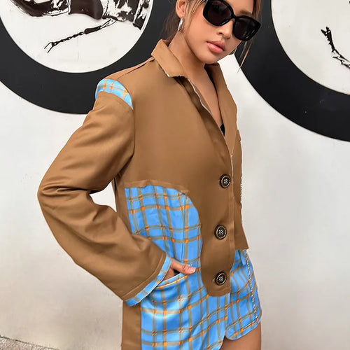 Load image into Gallery viewer, Patchwork Chain Blazer For Women Notched Long Sleeve Plaid Colorblock Loose Blazers Female Autumn Fashion Clothing
