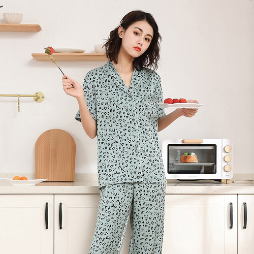 Load image into Gallery viewer, Women&#39;s Spring Summer Chiffon Pajamas Luxury Leopard Print Short Sleeve Pants Homewear Set Fashion Casual Home Suit
