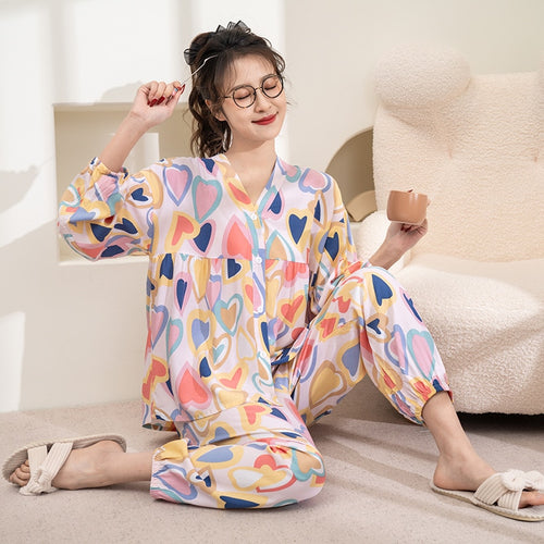 Load image into Gallery viewer, Women&#39;s Spring Summer Thin Cotton Silk Pajamas Ong Sleeved Pants Set Large Size Cardigan Air-conditioned Home Clothing
