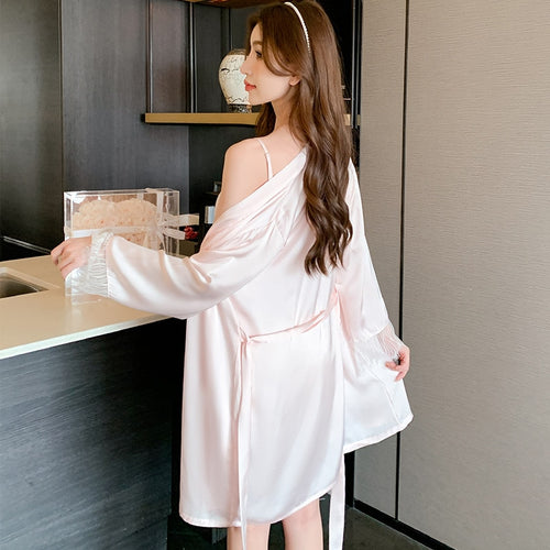 Load image into Gallery viewer, High Quality Women&#39;s Pajamas Robe Set Sexy Lace Bathrobe Deep V Sling Dress Sleepwear Homewear Nightgown Femme Petite
