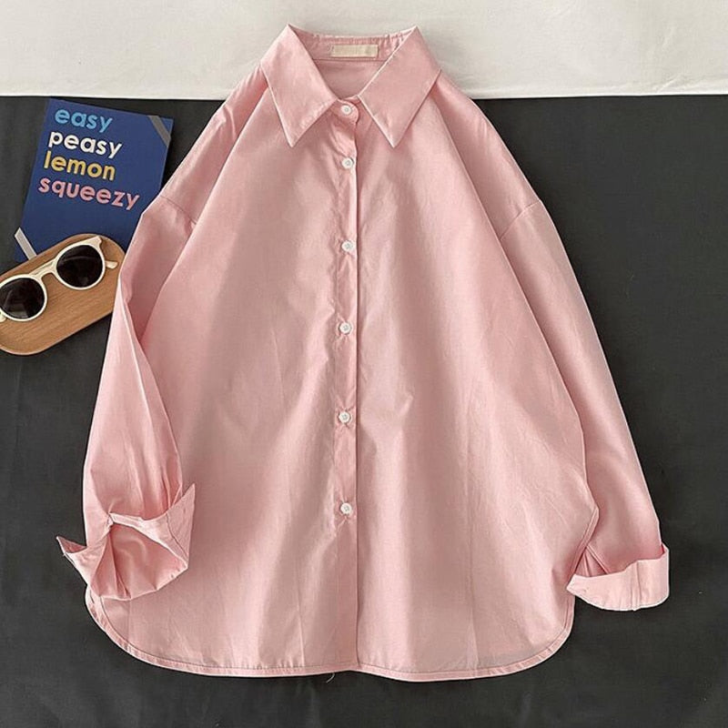 Loose High Street Women Shirts Vintage Long Sleeve Button Up Spring Ladies Tops Oversize Fall Solid Korean Female Shirt