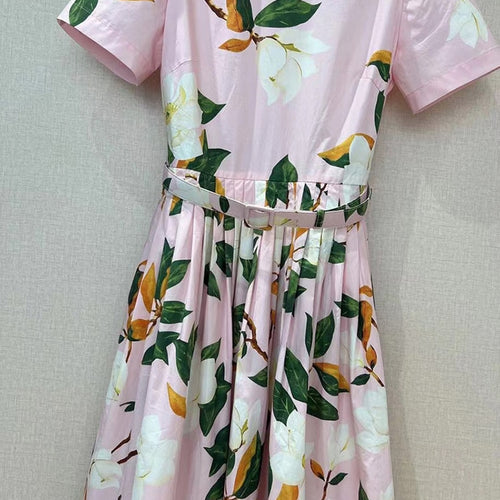 Load image into Gallery viewer, Sweet Print Floral Dress For Women Round Neck Short Sleeve High Waist Colorblock Midi Dresses Female Summer Clothes
