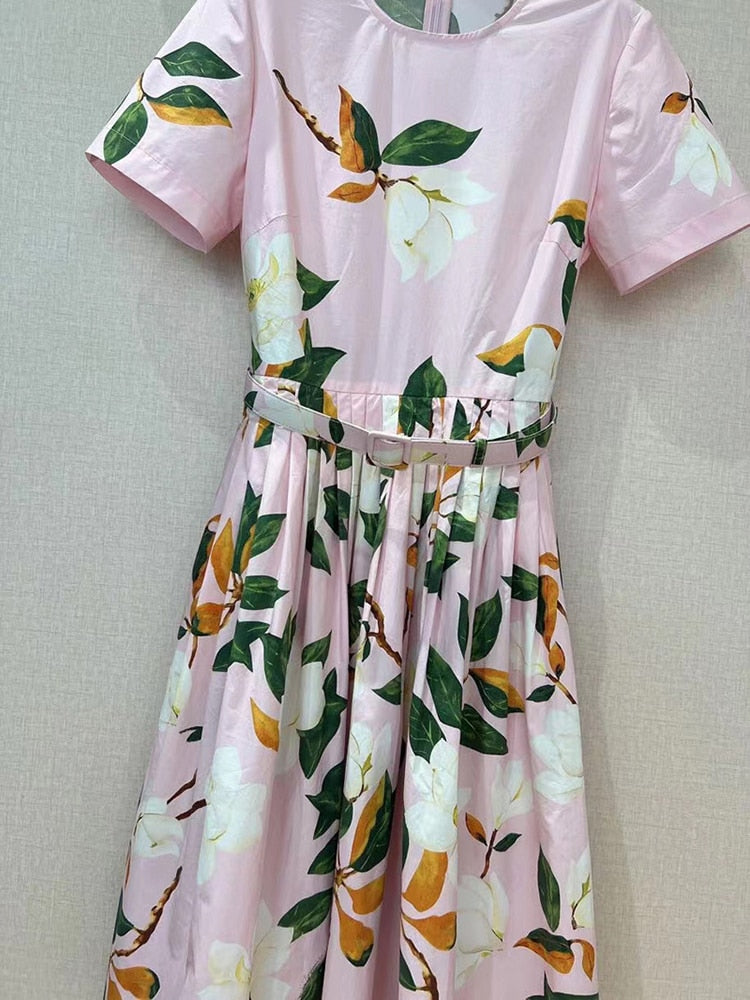 Sweet Print Floral Dress For Women Round Neck Short Sleeve High Waist Colorblock Midi Dresses Female Summer Clothes